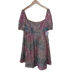 ASOS MAYA DELUXE Puff Sleeve Sequin Mini dress Eras Tour  in Pink Blue 4